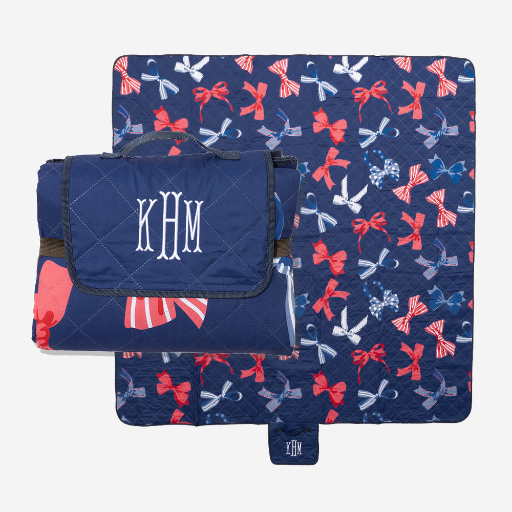 personalized picnic blanket in patriotic bows
