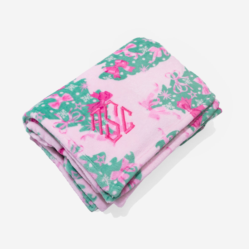 personalized plush blanket in pink christmas trees new