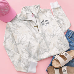 personalized quarter zip sweatshirt in birch camo ootd 
