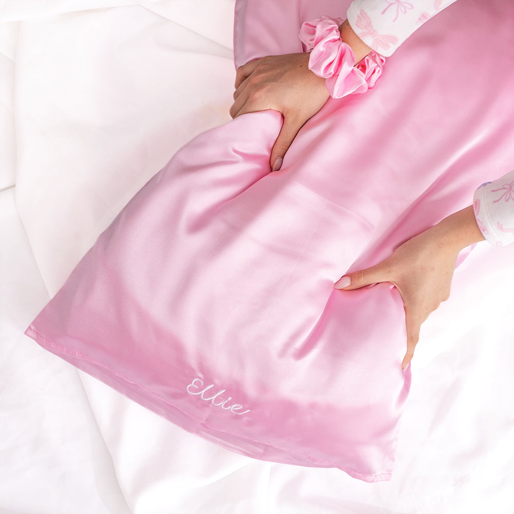 personalized satin pillowcase and scrunchie in pink