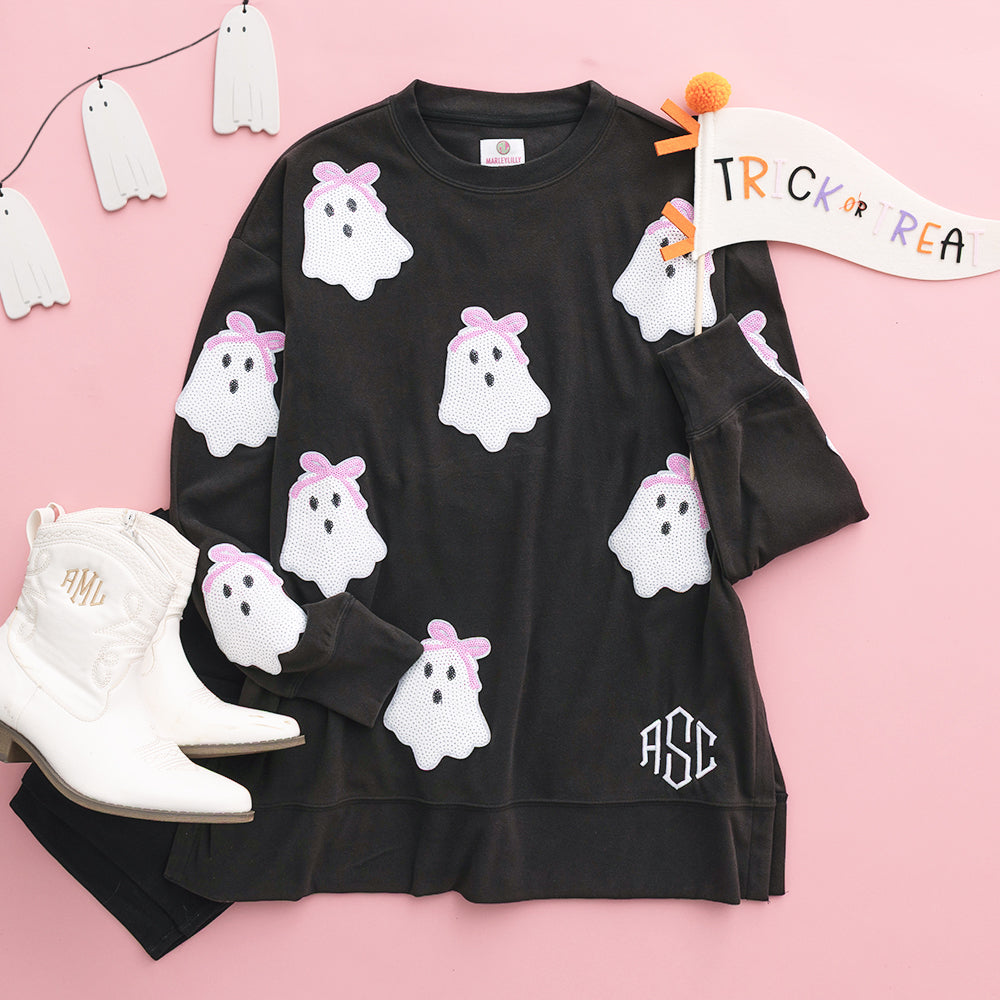personalized sequin ghost sweatshirt in black ootd 