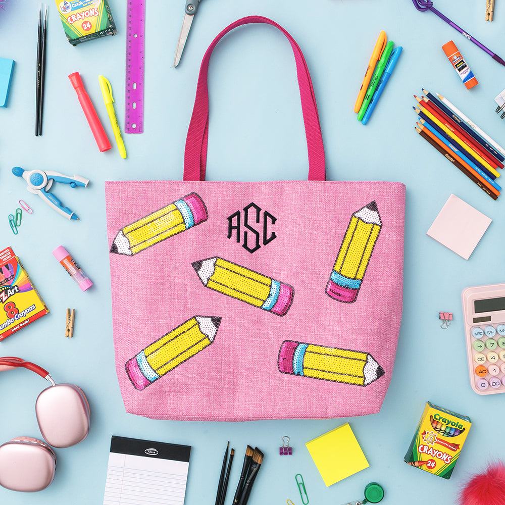 personalized sequin tote bag in pink pencils with school supplies 