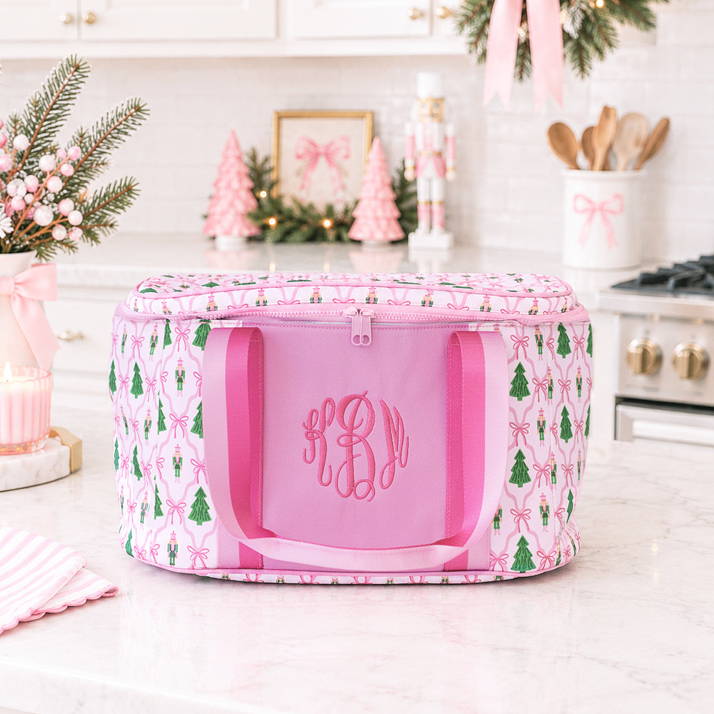 personalized slow cooker carrier in christmas lattice in kitchen