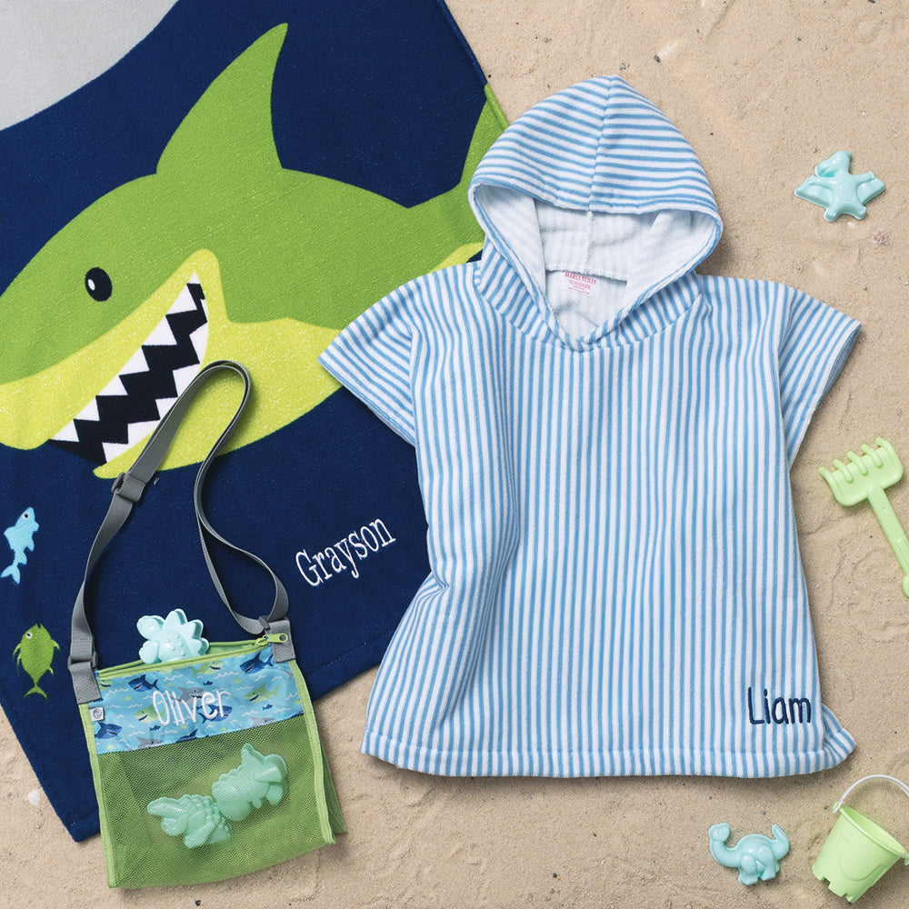 personalized toddler hooded towel poncho in blue stripes with shark beach towel