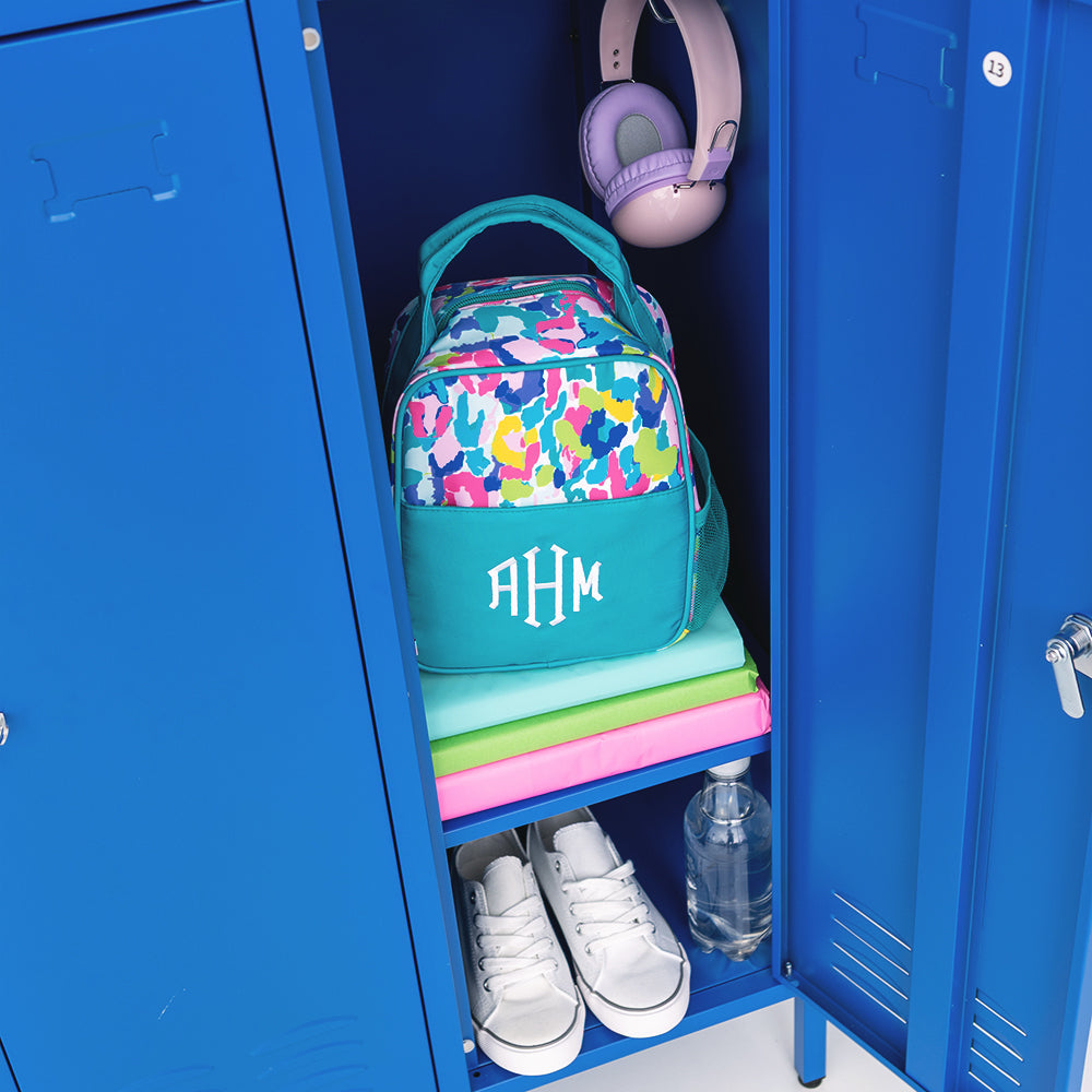 personalized watercolor cheetah lunch box in locker