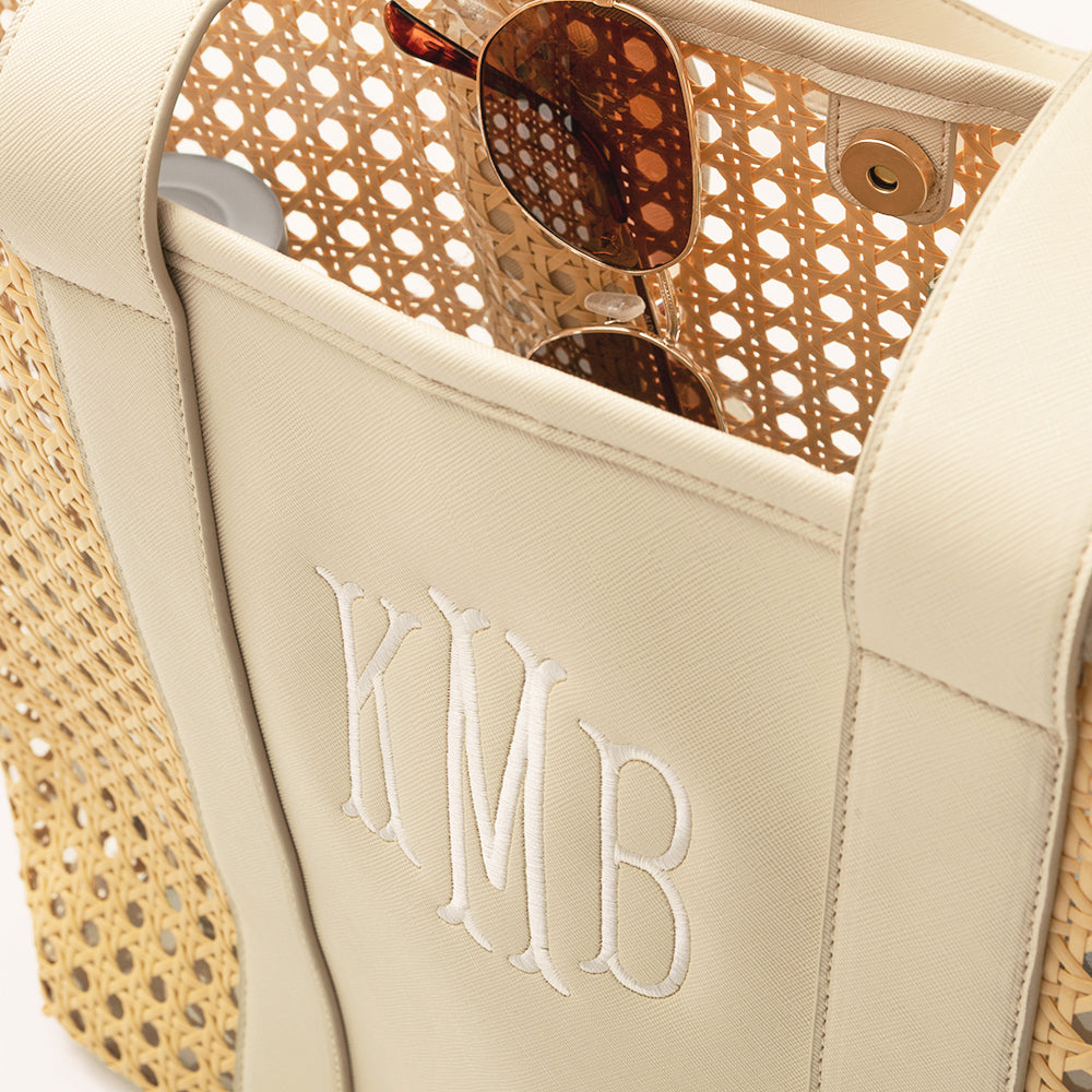 monogrammed caning tote bag upclose