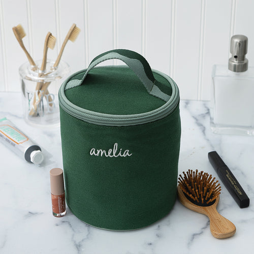 pine ditty bag on bathroom counter