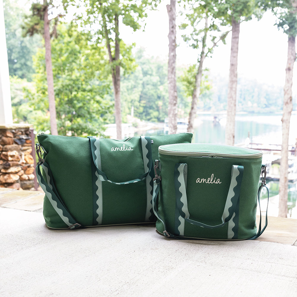 pine weekend bag and cooler on porch