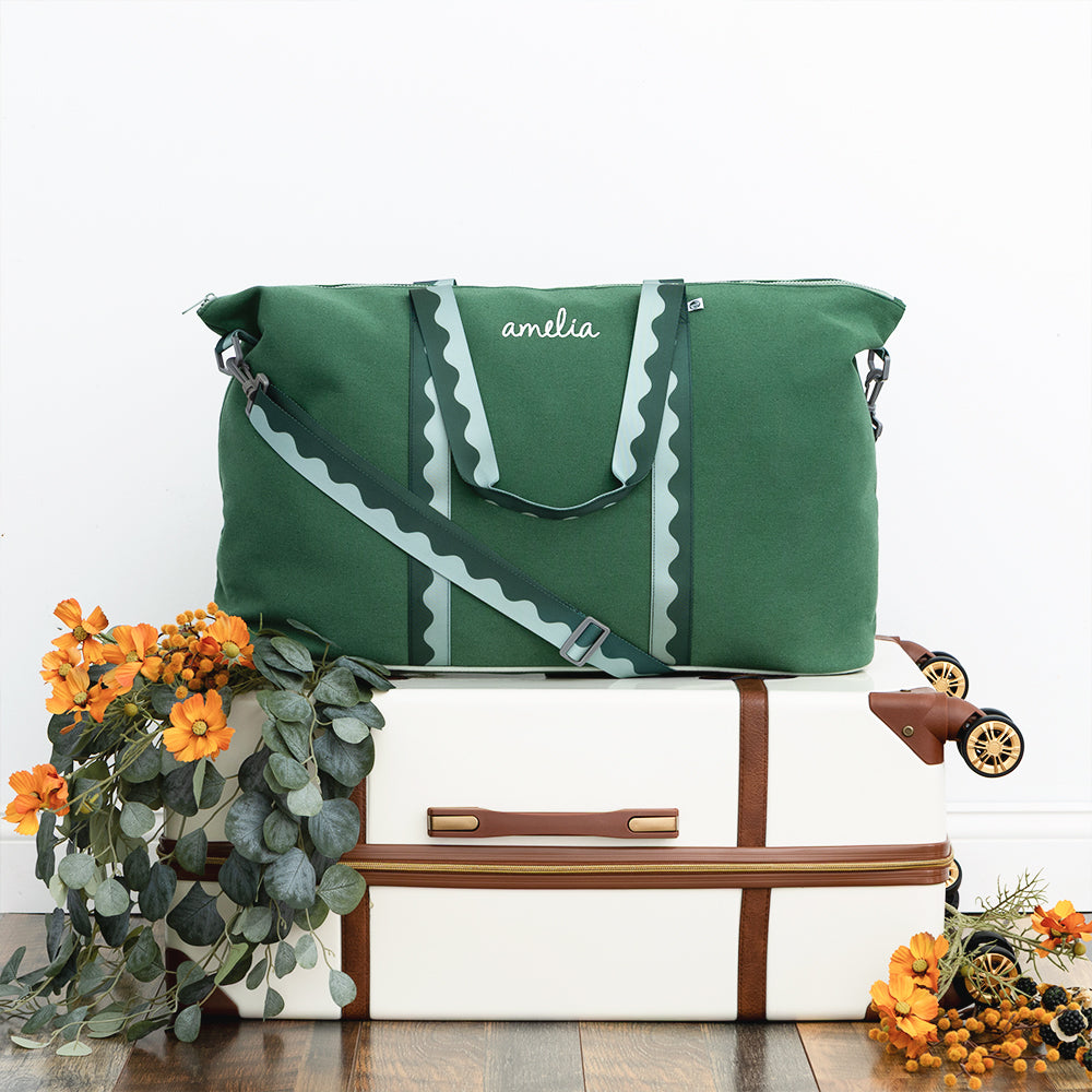 pine weekend bag with vintage suitcase