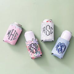 pink and blue seersucker coral floral and birch camo can koolies