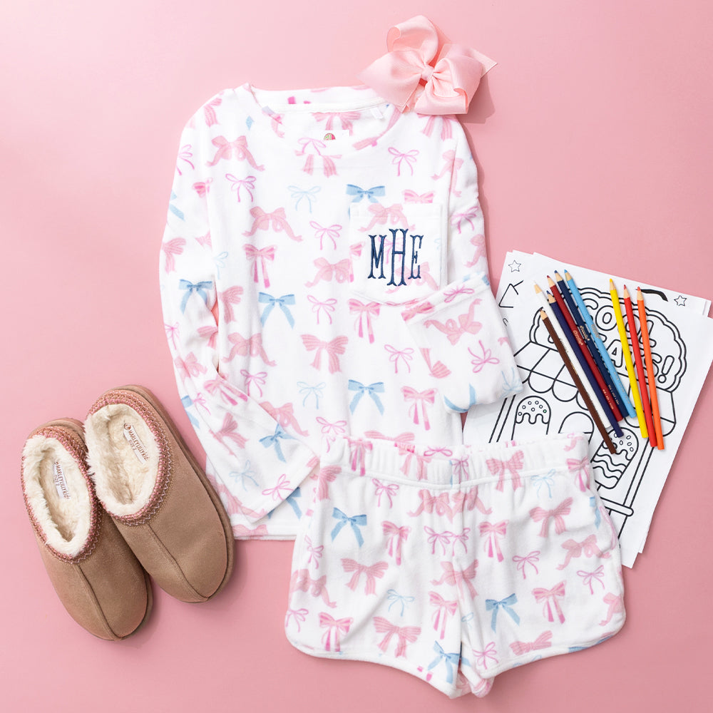 pink blue coquette kids softspun lounge set flatlay