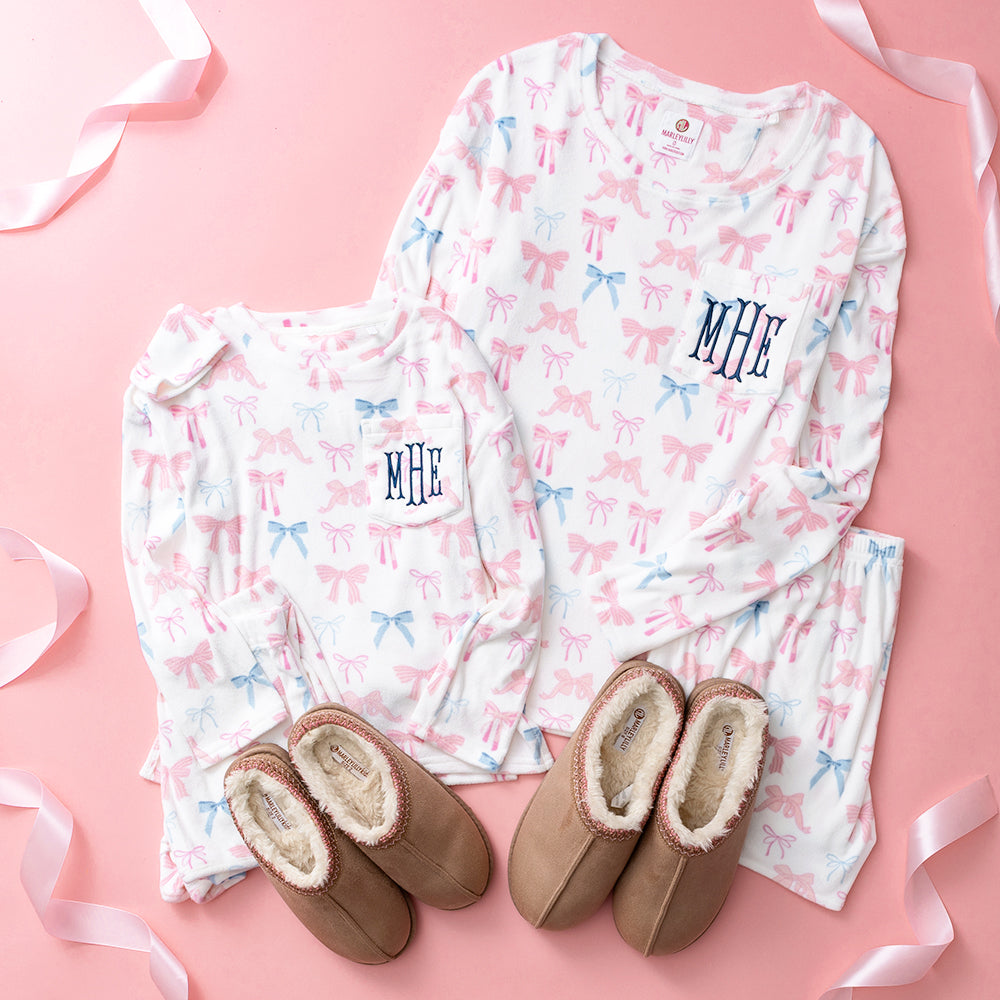 pink blue coquette softspun lounge set flatlay mom and me