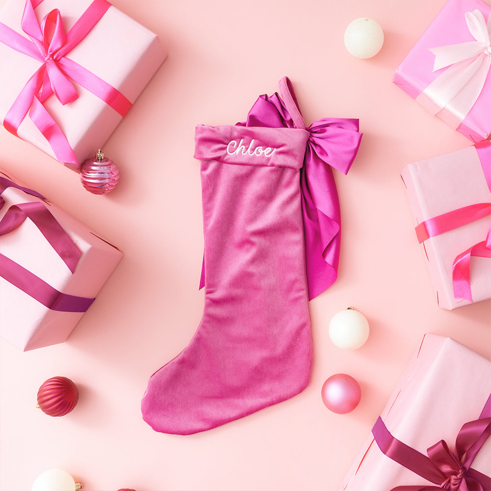 pink bow stocking flatlay