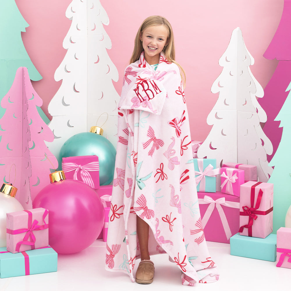 pink bows kids plush blanket on addie