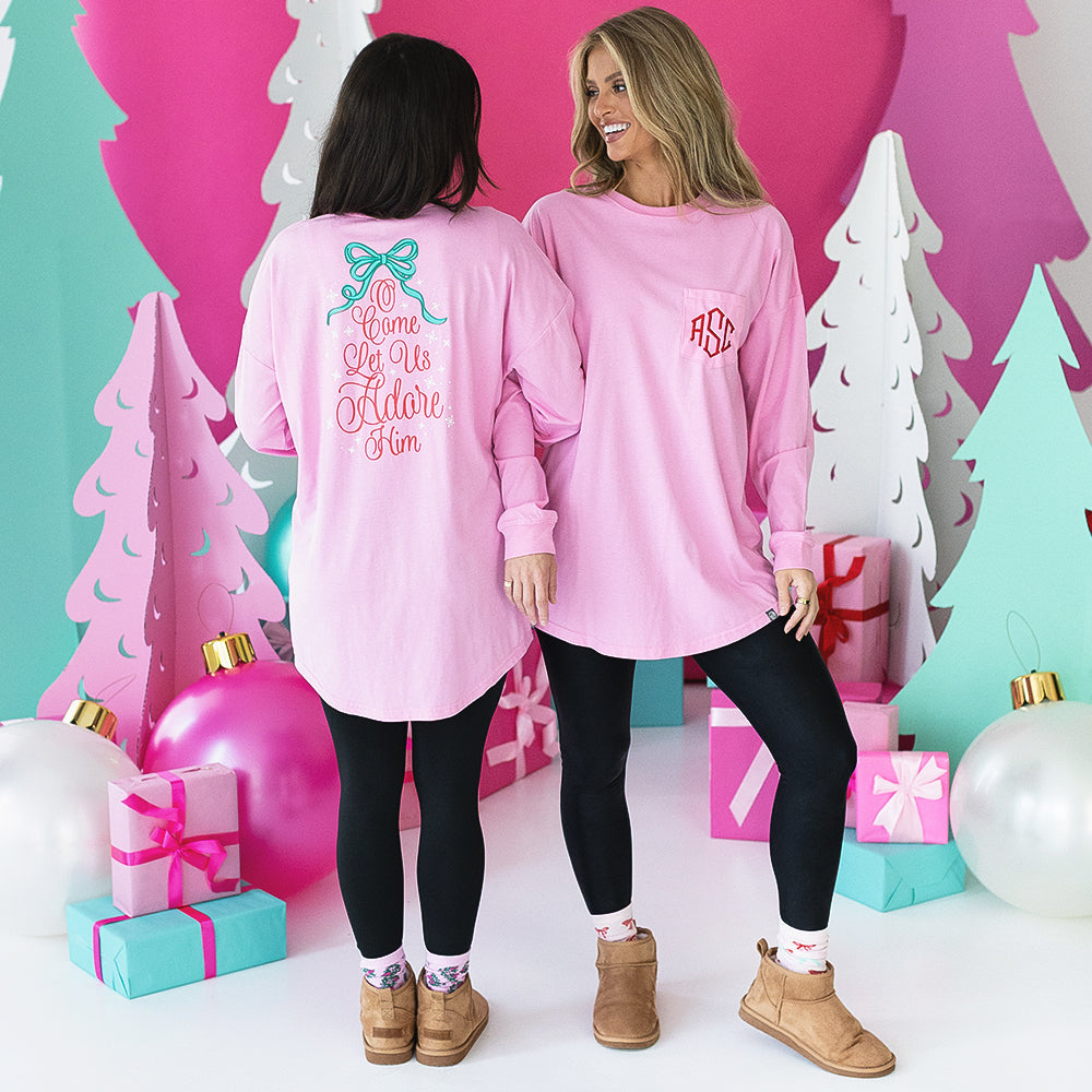 pink christmas t shirt detail on peyton and rachel
