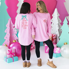 pink christmas t shirt detail on peyton and rachel