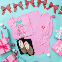 pink christmas t shirt flatlay