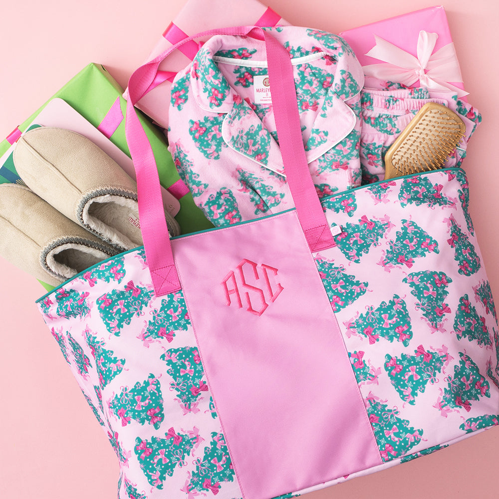 pink christmas tree monogrammed extra large tote bag packed 