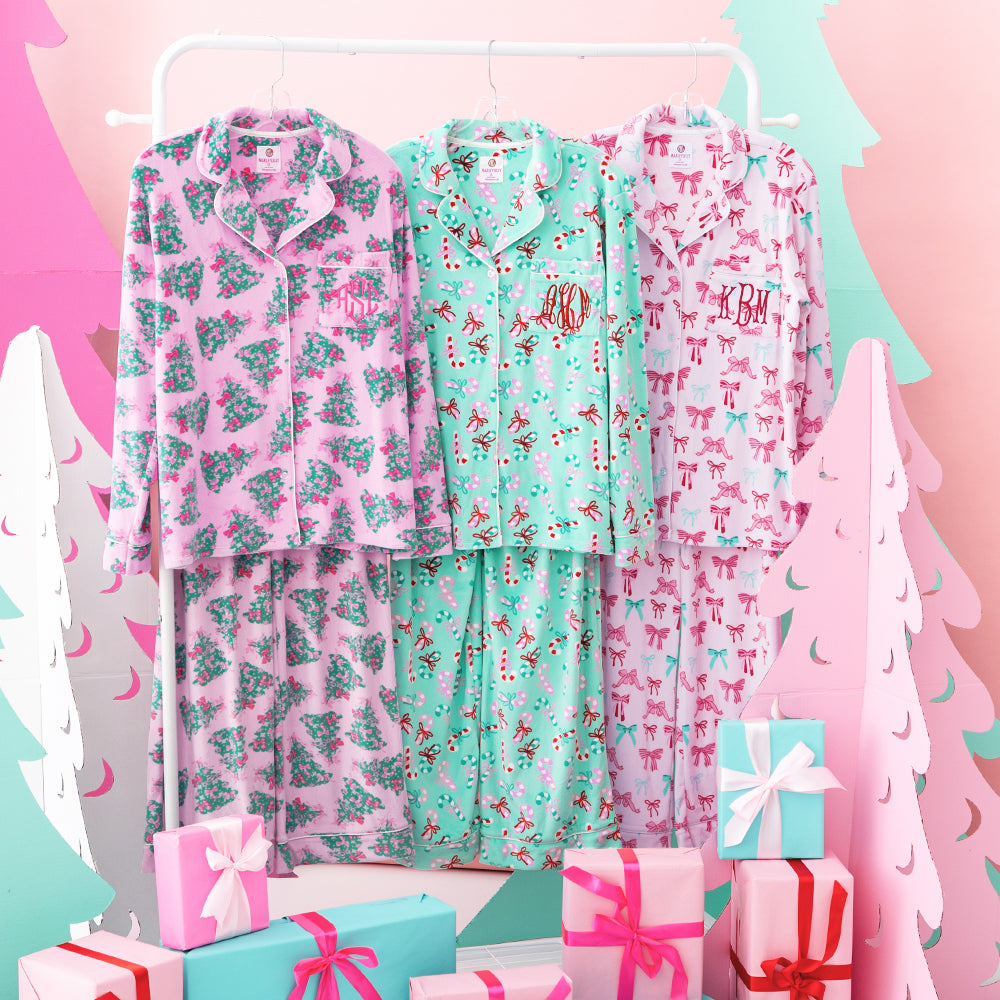 pink christmas trees christmas coquette merry mint monogrammed softspun pajama sets on rack