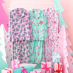 pink christmas trees christmas coquette merry mint monogrammed softspun pajama sets on rack