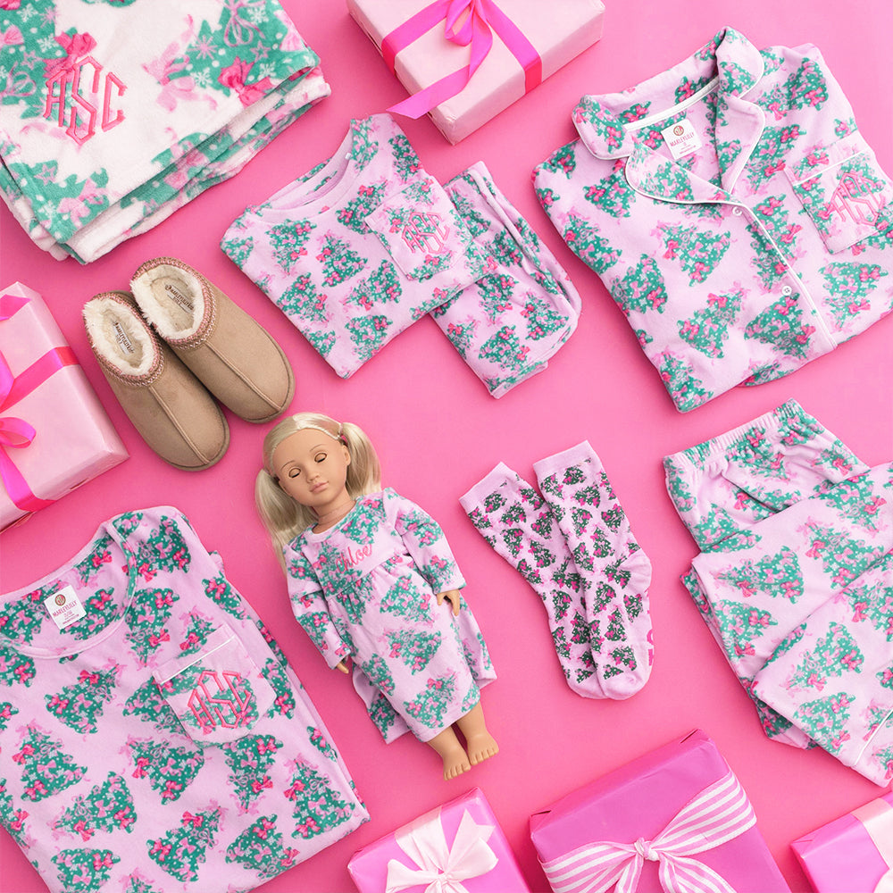 pink christmas trees collection flatlay