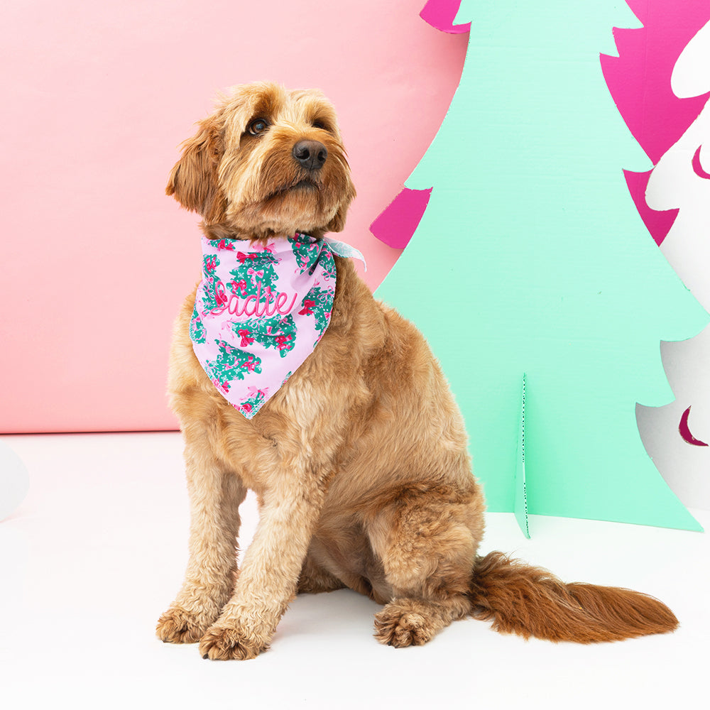 pink christmas trees dog bandana on ginger