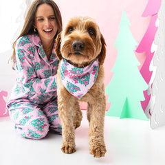 pink christmas trees dog bandana with anna wearing softspun pajama set NEW