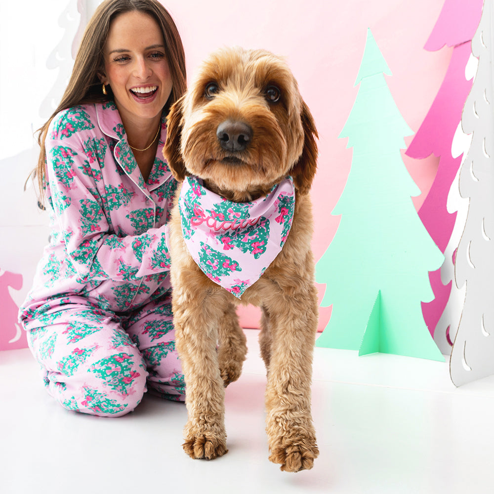 pink christmas trees dog bandana with anna wearing softspun pajama set NEW