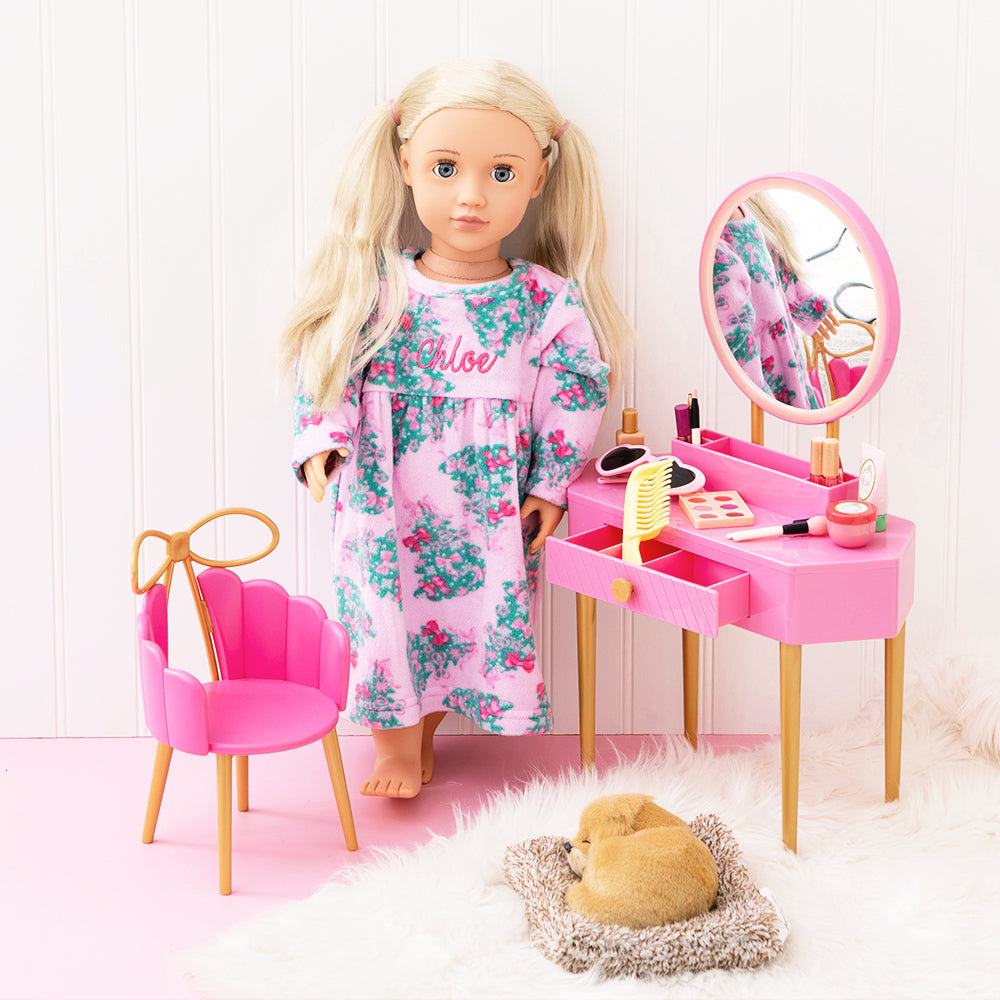 pink christmas trees doll dress with vanity