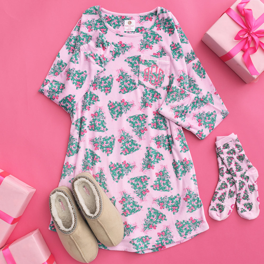 pink christmas trees monogrammed nightgown with moccasins 
