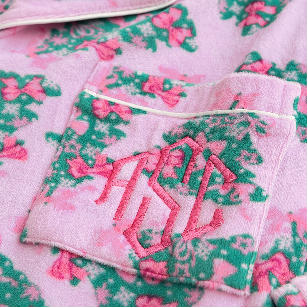 pink christmas trees softspun pajamas detail shot