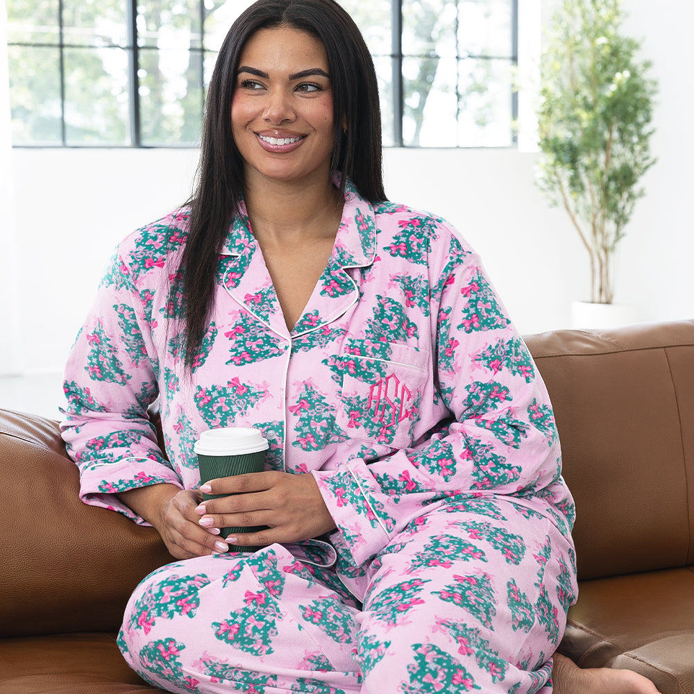 pink christmas trees softspun pajama on julia closeup