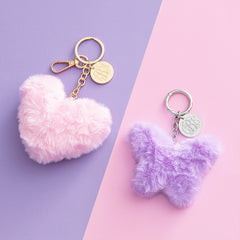 pink heart and purple butterfly fuzzy bag charm keychain flatlay