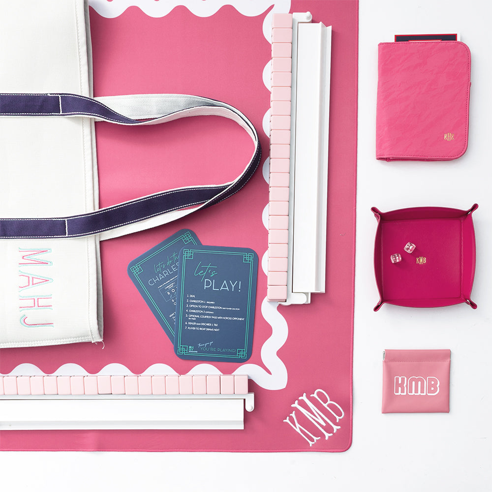 pink mahjong dice bag with mahjong essentials