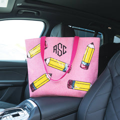 pink pencils monogrammed sequin tote bag in car 