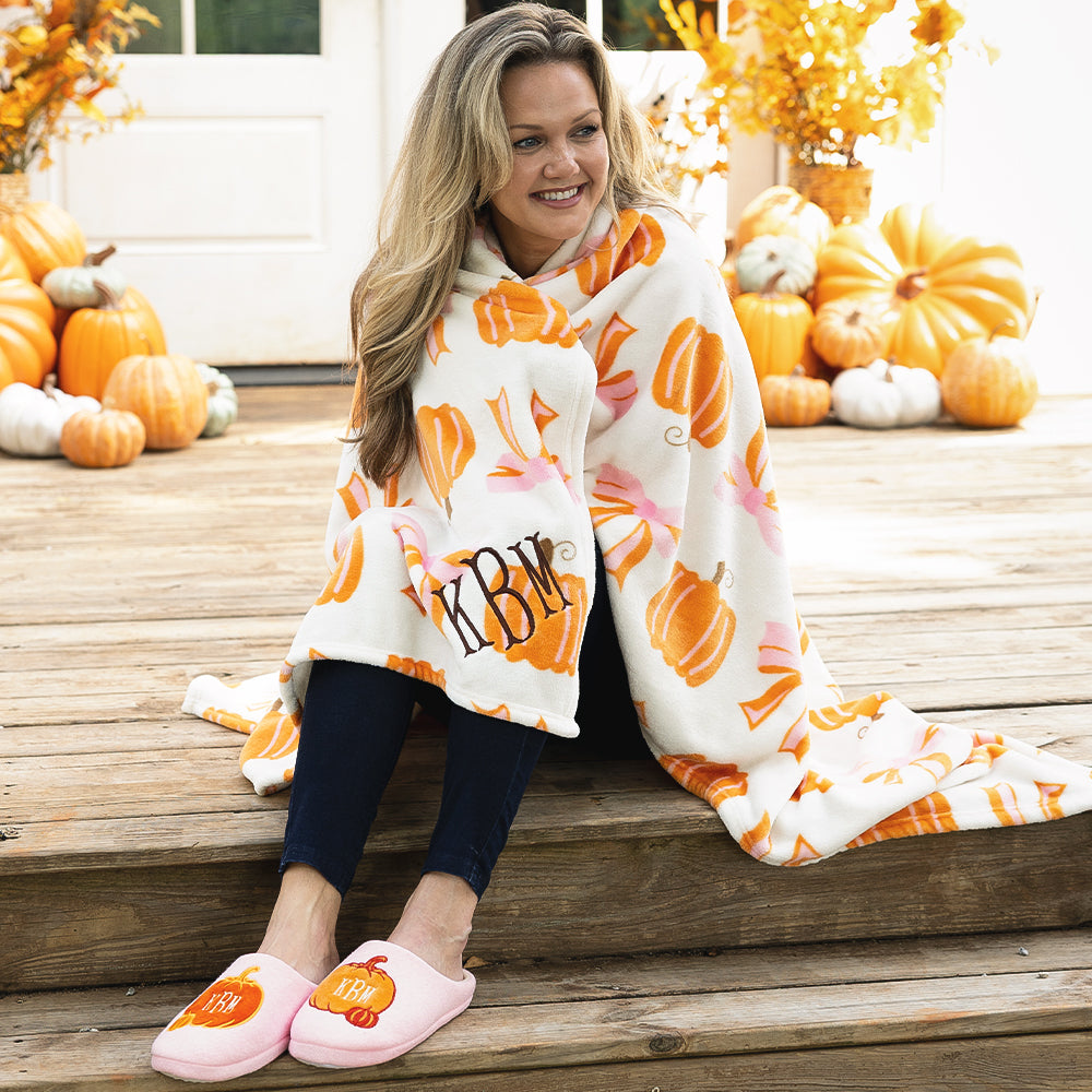 pink pumpkins slippers with blanket
