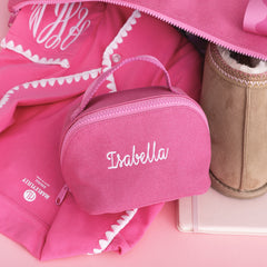 pink punch monogrammed makeup bag packed 