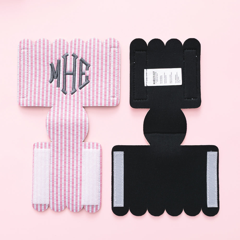 pink seersucker personalized can koolie-front and back