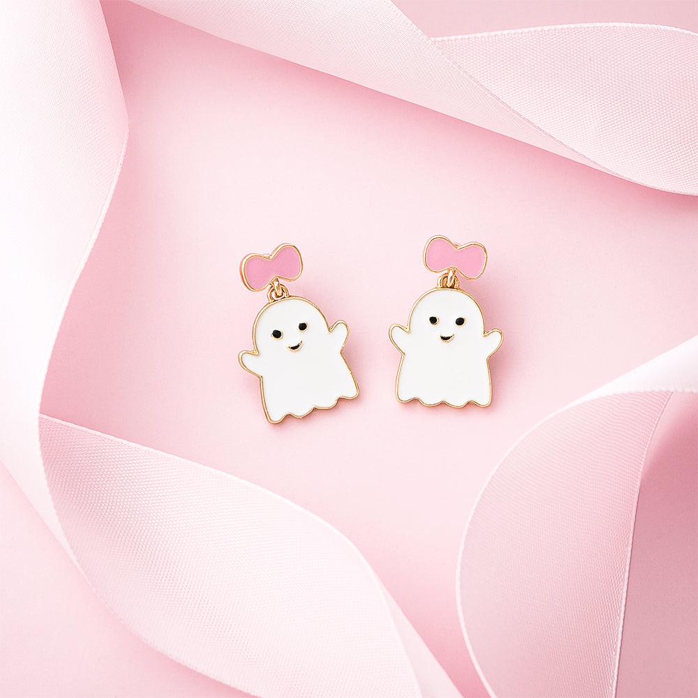 pink white ghost earrings on pink with ribbon