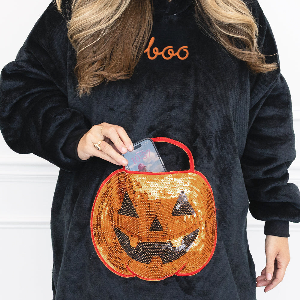 pumpkin blanket hoodie up close of pocket