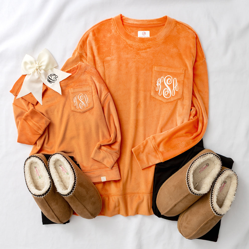 mom and me pumpkin softspun sweatshirts styled with leggings and moccasins