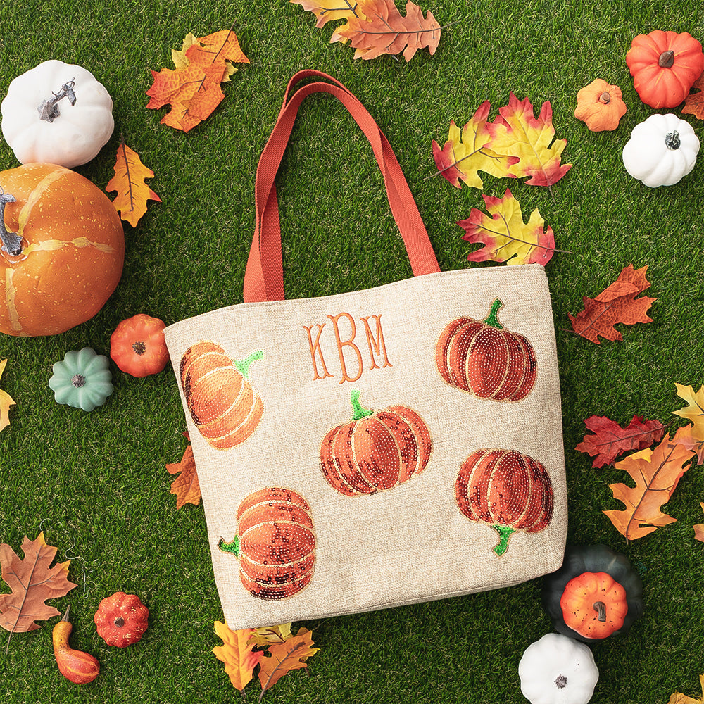 pumpkin sequin tote fall flatlay
