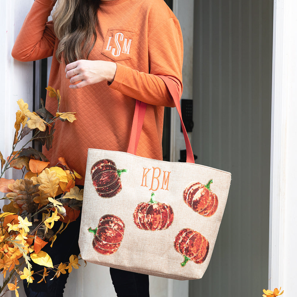 pumpkin sequin tote fall on girls arm