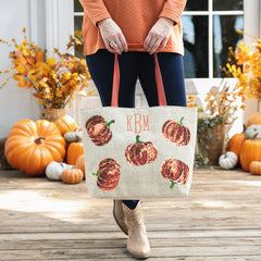 pumpkin sequin tote on fall front porch