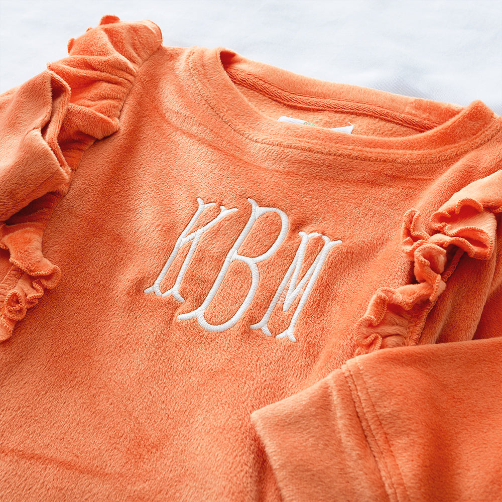 pumpkin softspun ruffle sweatshirt detail shot