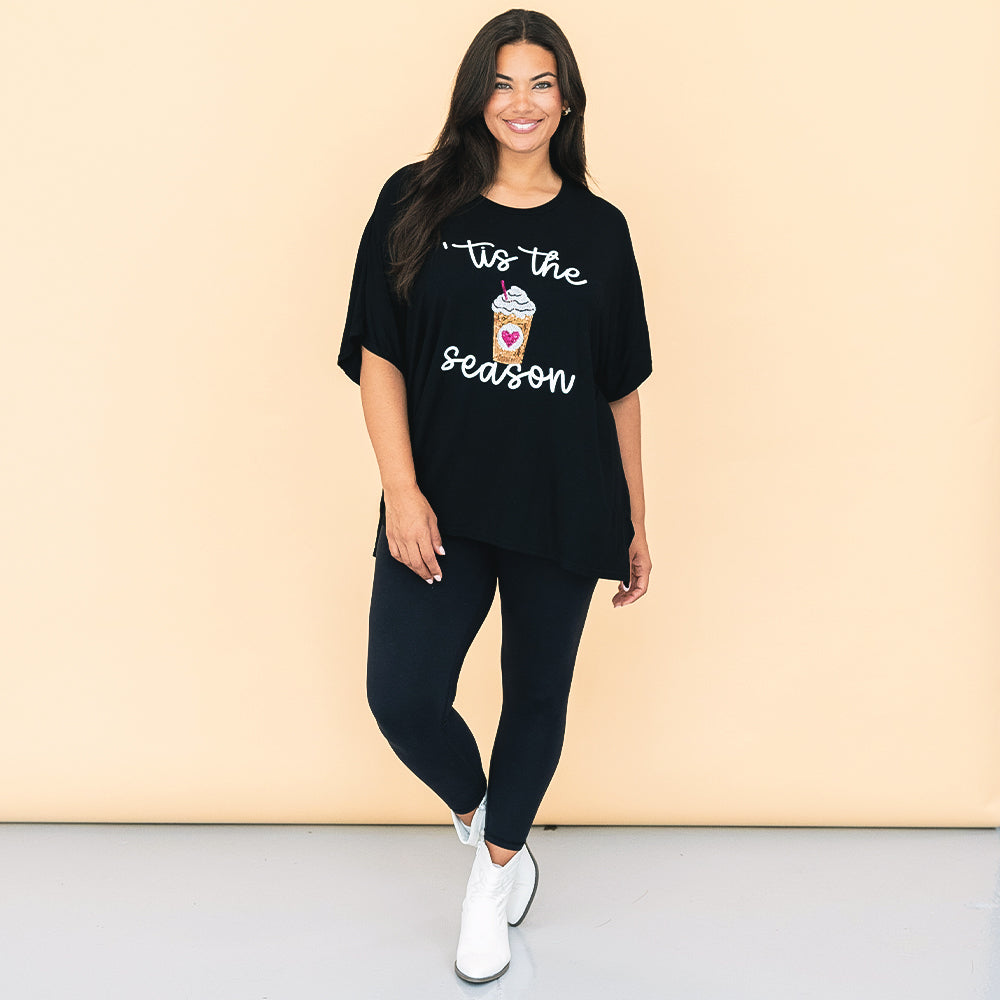 girl wearing sequin coffee tis the season shirt