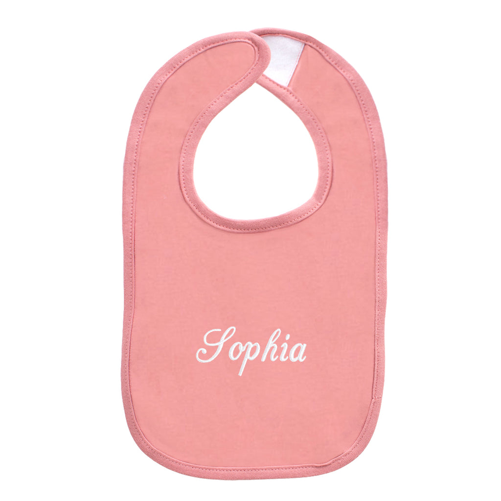 mauve monogrammed baby bib with name monogram