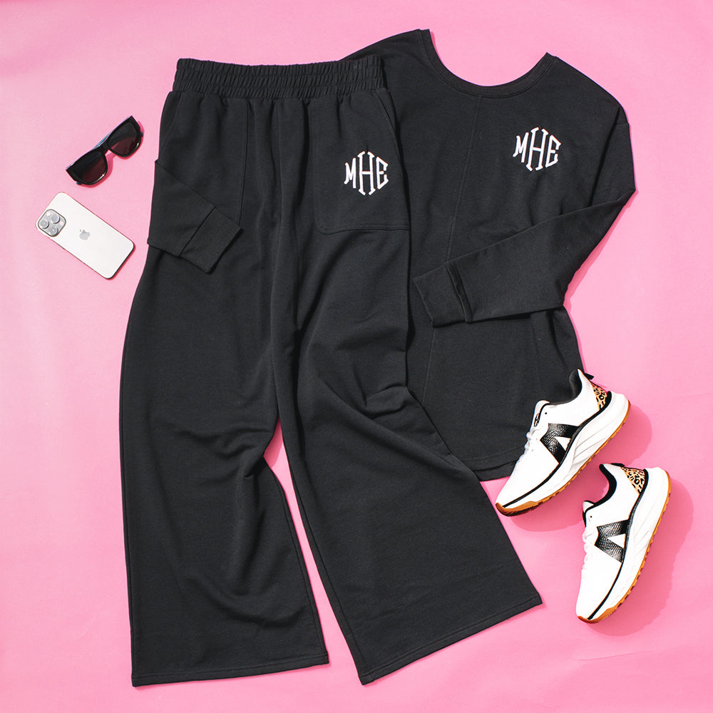 monogrammed wide leg pants and sweatshirt ootd