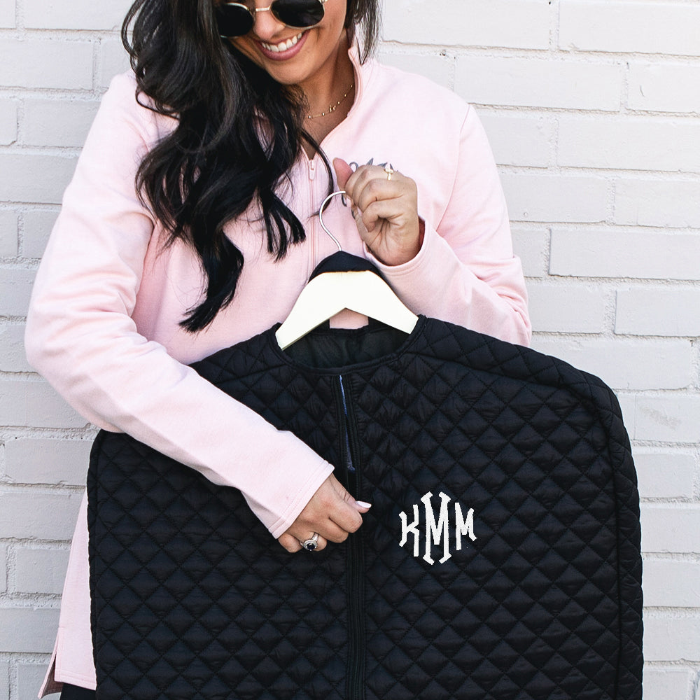 black diamond quilted garment bag up close