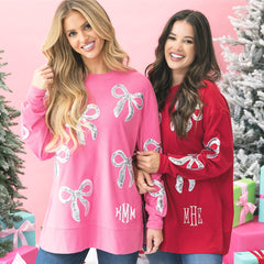 crimson and hot pink sequin bow sweatshirt on rachel and peyton